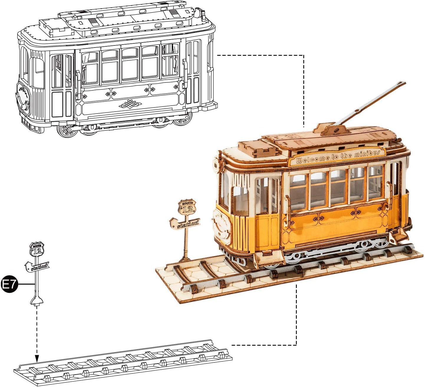 ROBOTIME 3D Puzzle Tram Car Wooden Model Kits TG505