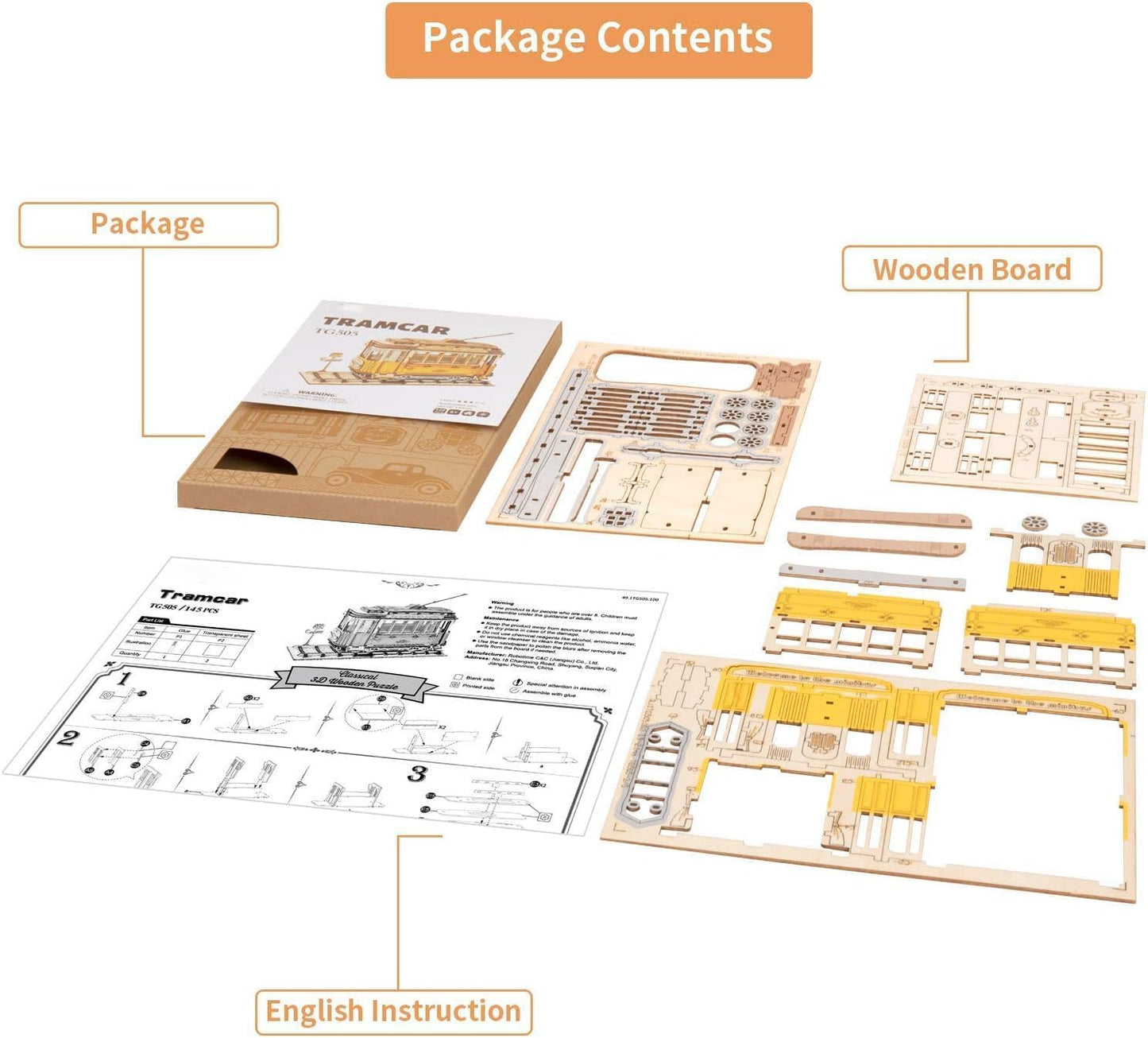 ROBOTIME 3D Puzzle Tram Car Wooden Model Kits TG505