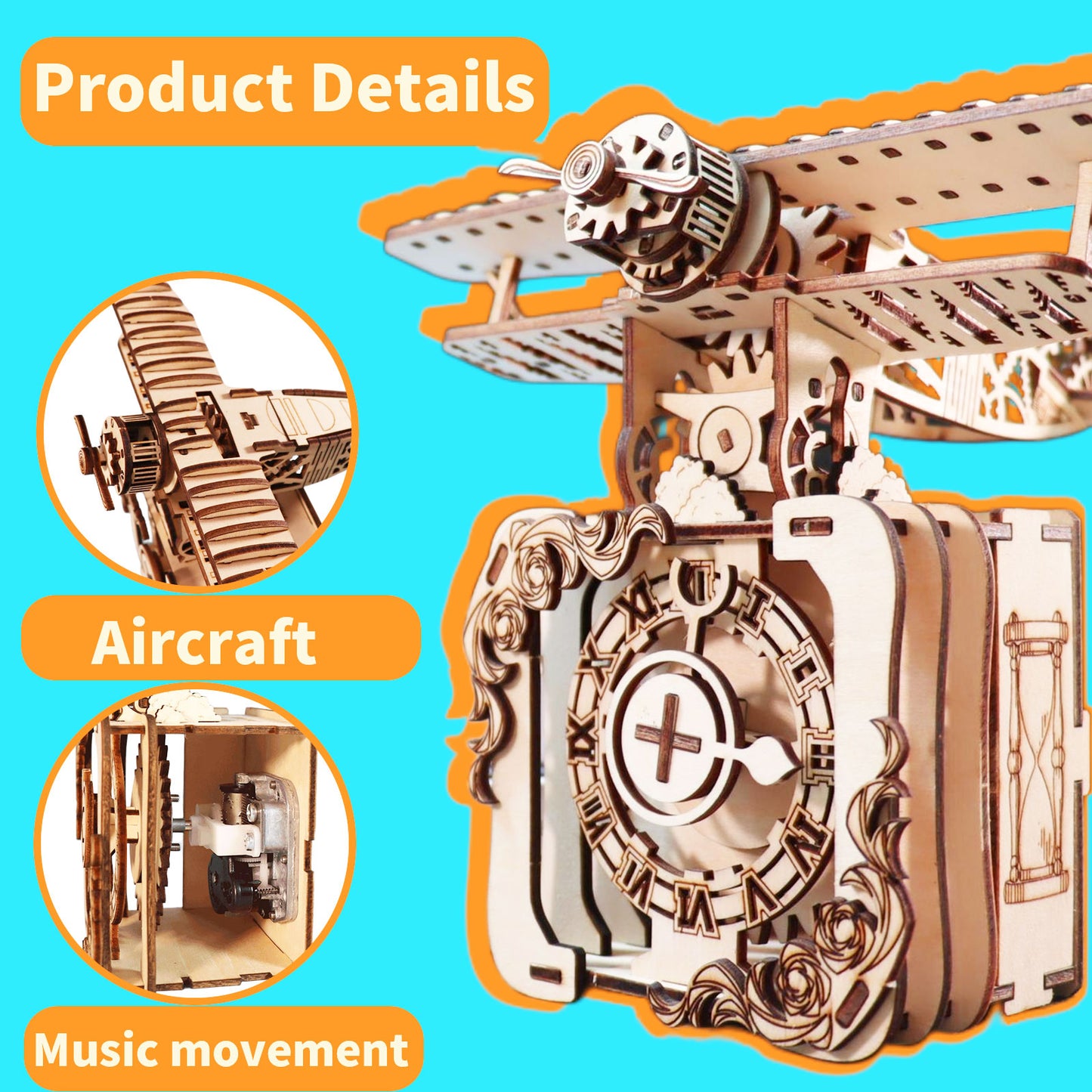 MUSIC PARK 3d Wooden Puzzle Punk Airplane Music Box You Are My Sunshine Handmade Assembly Model Kit